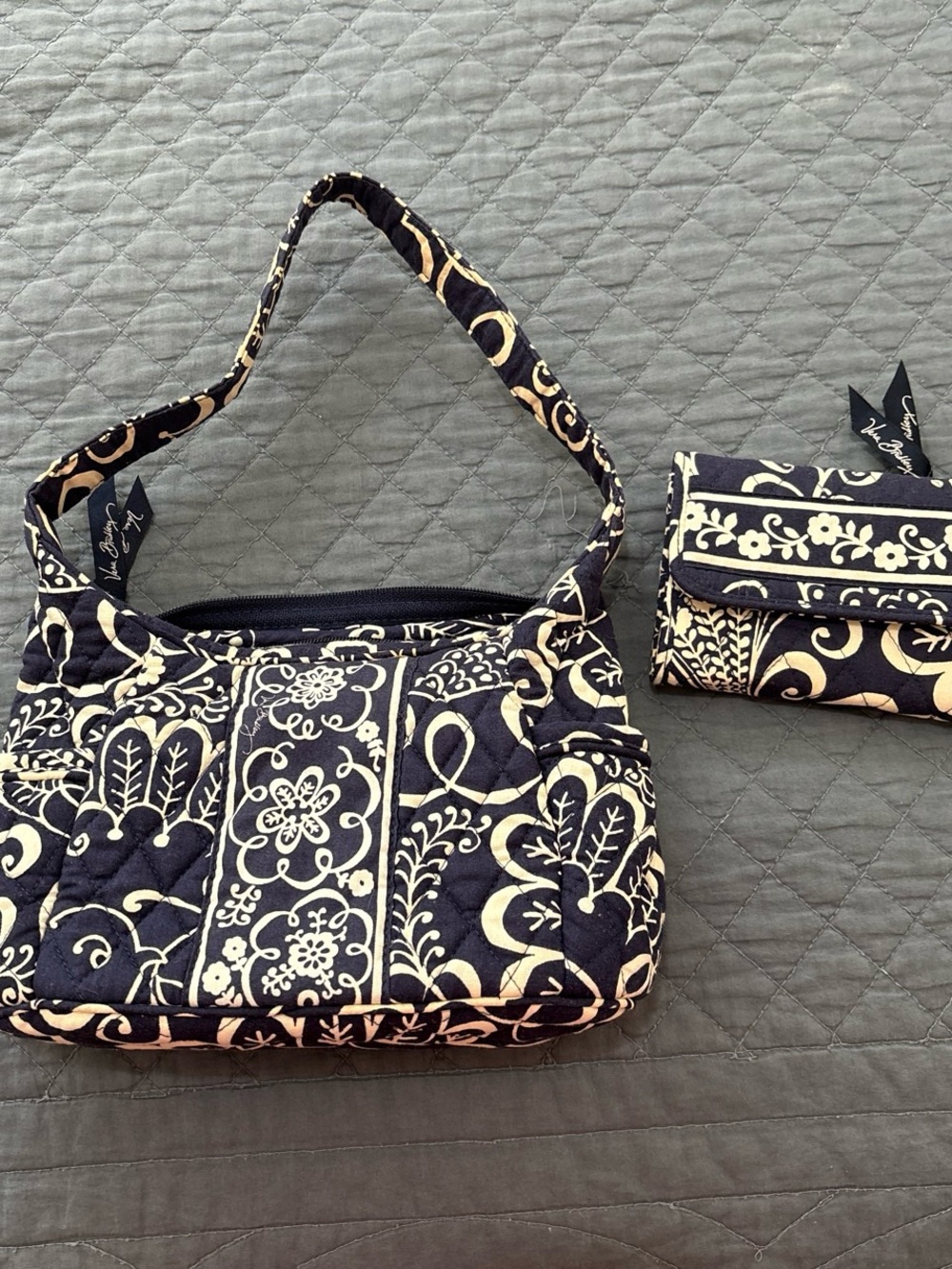 Vera Bradley Black and Cream Quilted Shoulder Bag with Matching Wallet